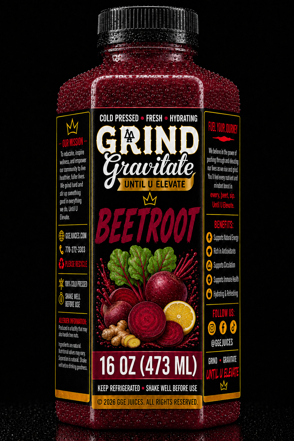 A bottle of Grind Gravitate Beetroot cold and flu remedy, 16 oz (473 ml), featuring a black cap and a black label with red and yellow text, and an illustration of beets, greens, and ginger on a black background.