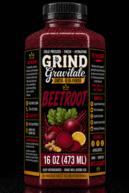 A bottle of Grind Gravitate Beetroot cold and flu remedy, 16 oz (473 ml), featuring a black cap and a black label with red and yellow text, and an illustration of beets, greens, and ginger on a black background.