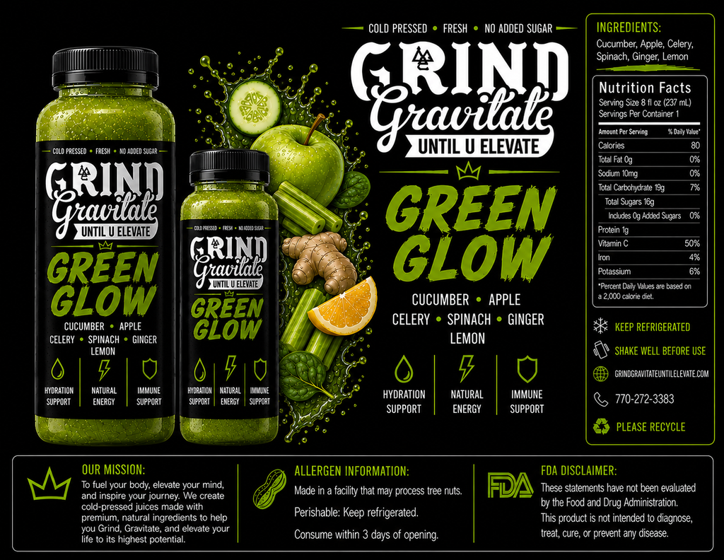 Two bottles of Grind Gravitate Green Glow cold brew coffee with cucumber, apple, celery, spinach, ginger, and lemon flavor, shown alongside a detailed product information panel on a white background.