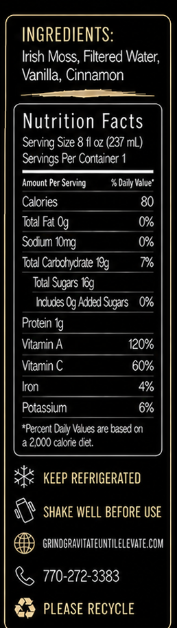 Two bottles of Grind Gravitale Irish Moss supplement with a large central graphic of cinnamon sticks and a white flower on a black background, plus ingredient and nutrition information panels.