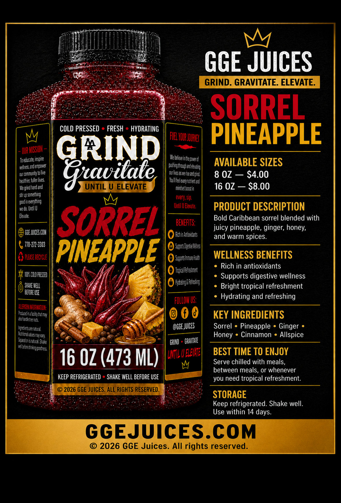 A bottle of GGE Juices Sorrel Pineapple supplement shown on a black background with product details printed beside it. The bottle is dark red/burgundy with a black cap and black label, featuring yellow, white, and orange text and fruit imagery.