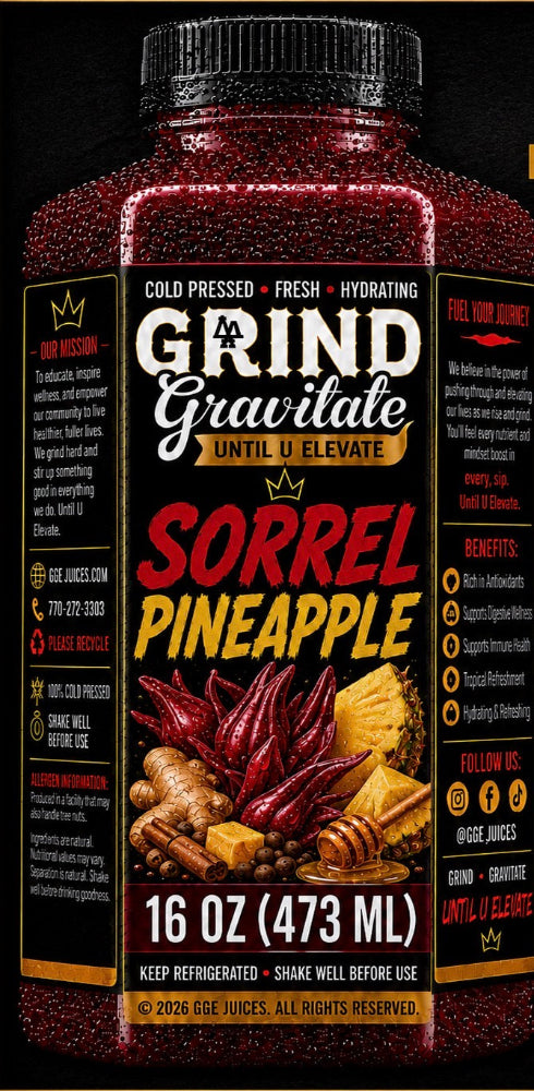 A bottle of Grind Gravitate Sorrel Pineapple cold-pressed supplement powder, featuring a black cap and a label with red, yellow, and black graphics showing chili peppers, ginger, and pineapple.