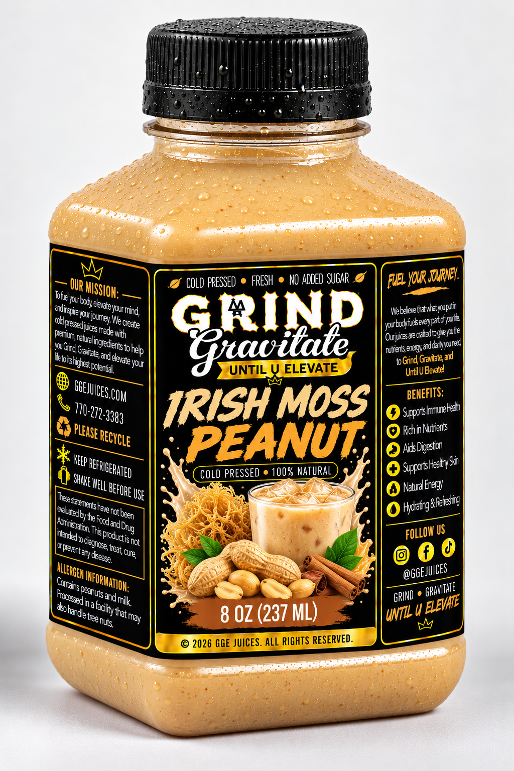 A bottle of Grind Gravitate Irish Moss Peanut powder on a black reflective background. The bottle is filled with a light brown powder and features a black cap and a black label with white and yellow text, along with an illustration of peanuts and cinnamon.
